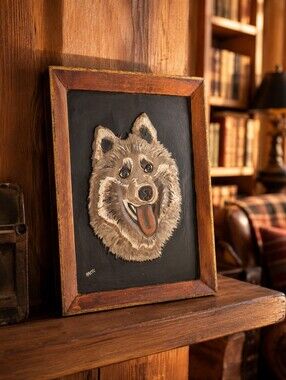 Vintage Alaska Native Carved Soapstone Sled Dog Wall Art Signed